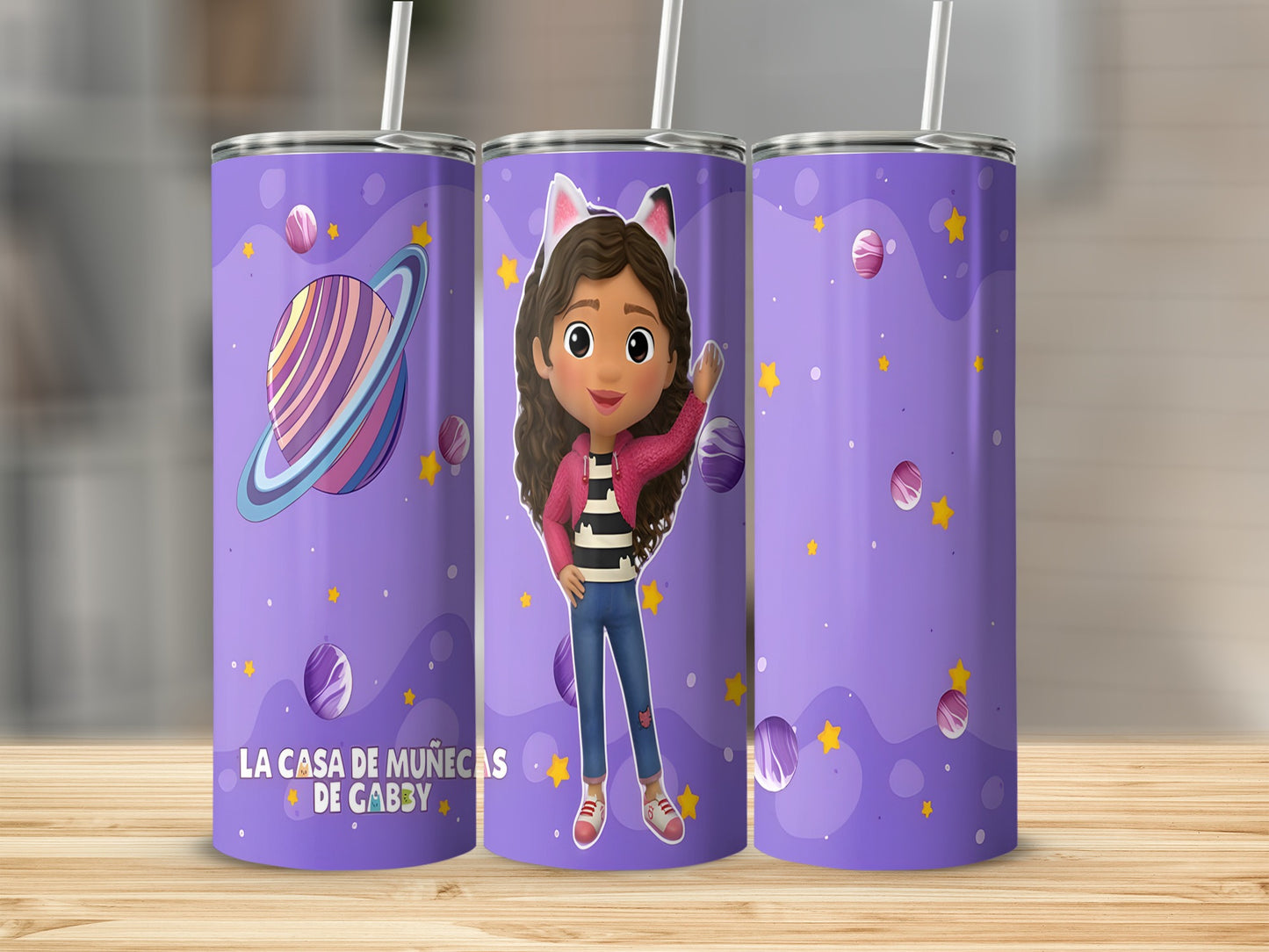 Gabby's Dollhouse tumbler with Gabby and planetary cartoon graphics.