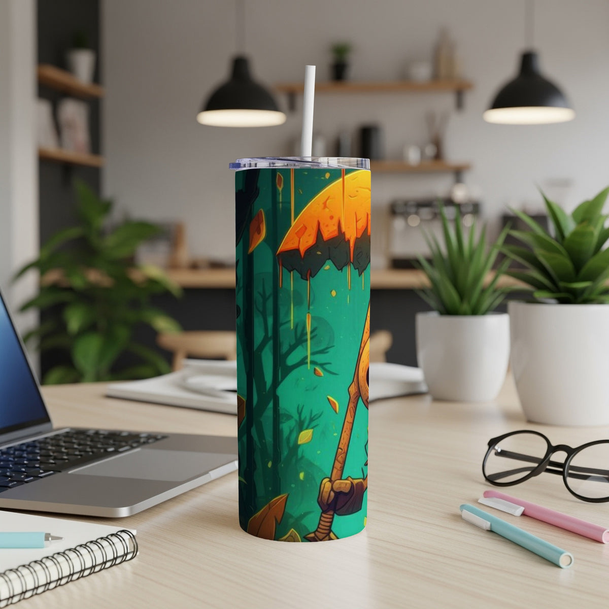 Tumbler with cartoon character holding umbrella and autumn leaves design