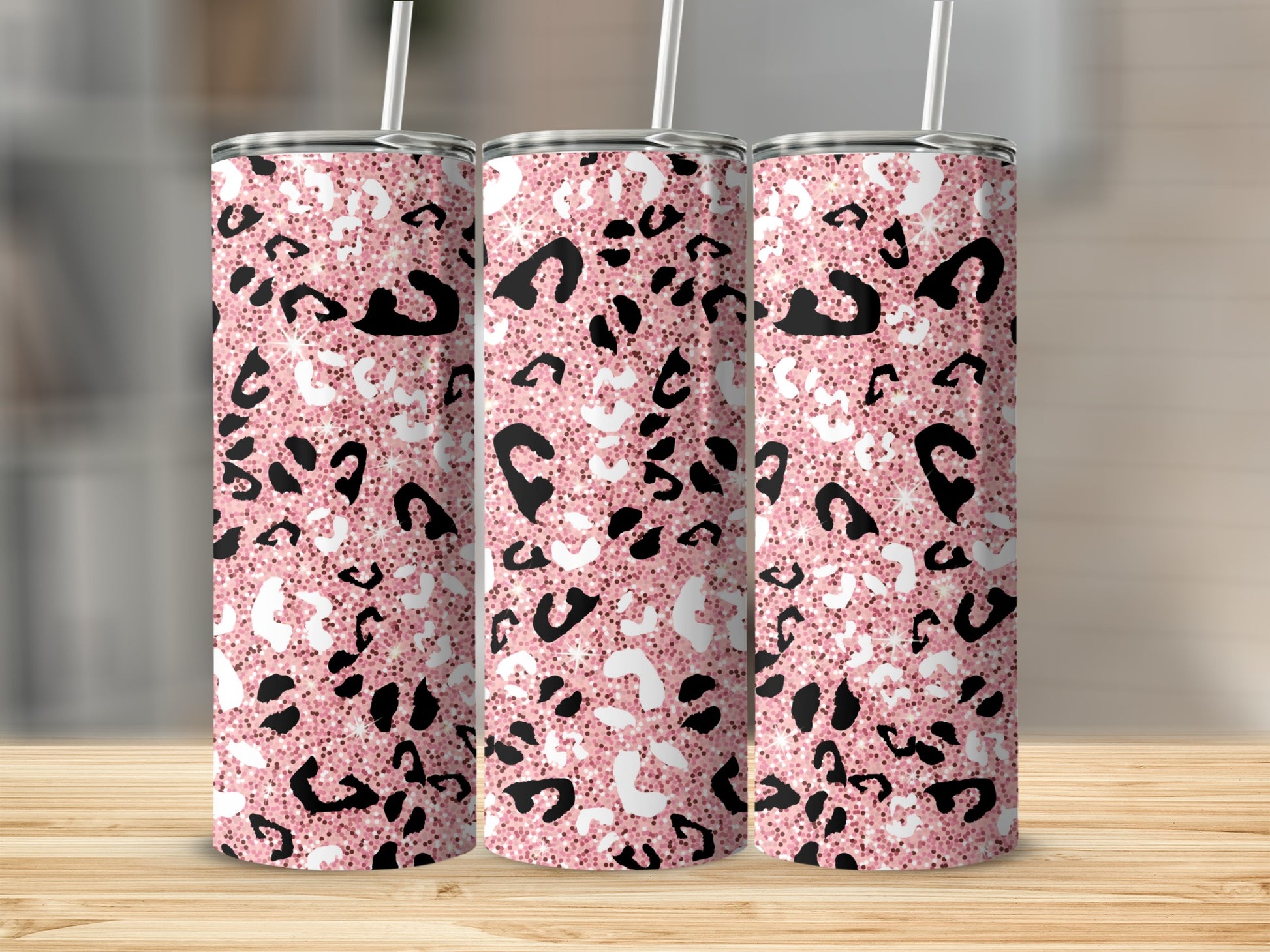 Pink and Black Leopard Print Tumbler with Straw