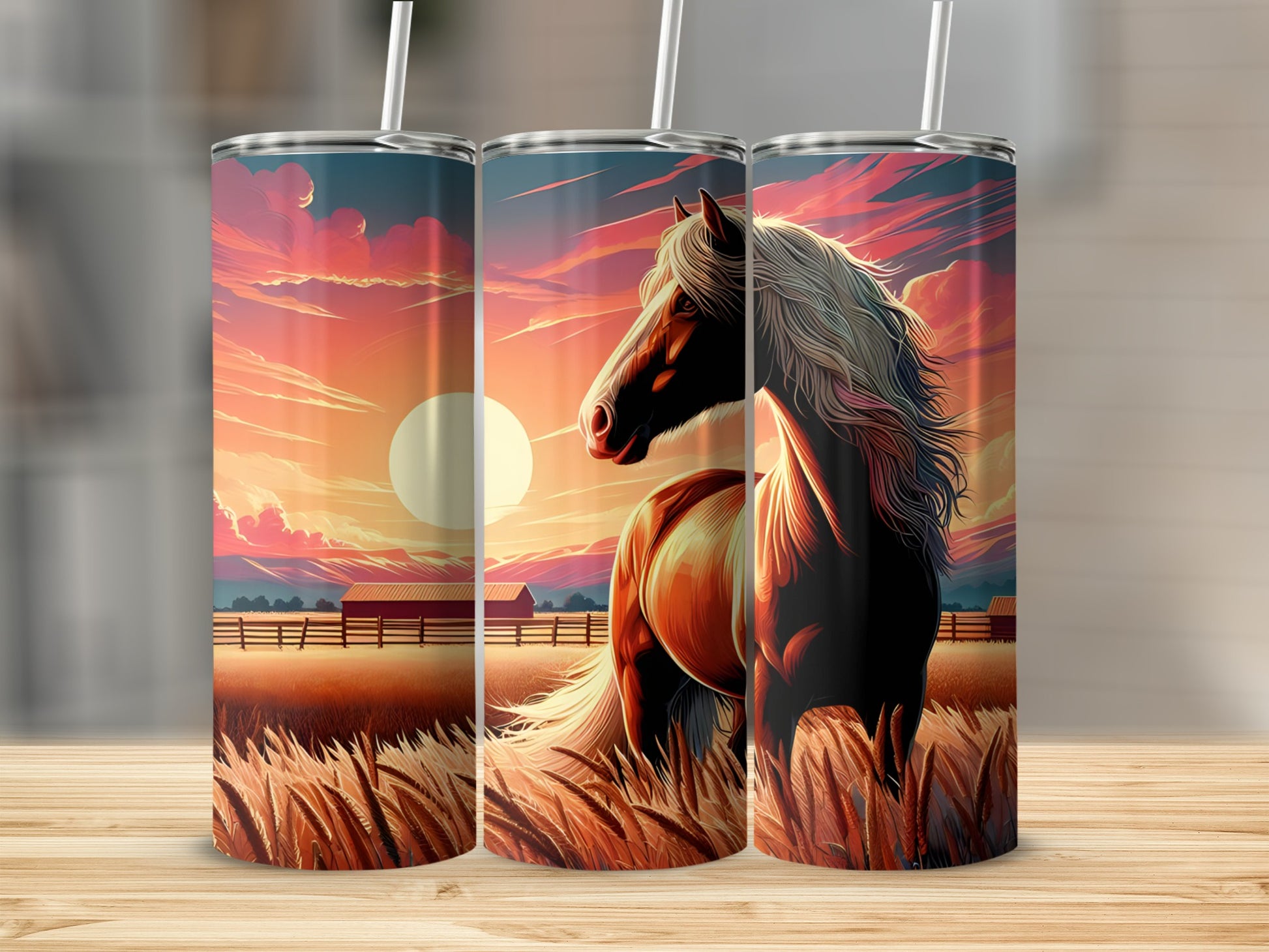 Horse in a field at sunset, depicted on a 20 oz tumbler.