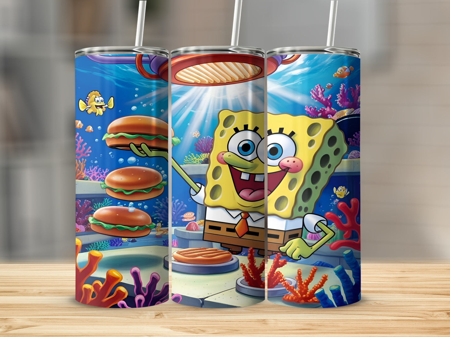 SpongeBob SquarePants holding Krabby Patties in Bikini Bottom.