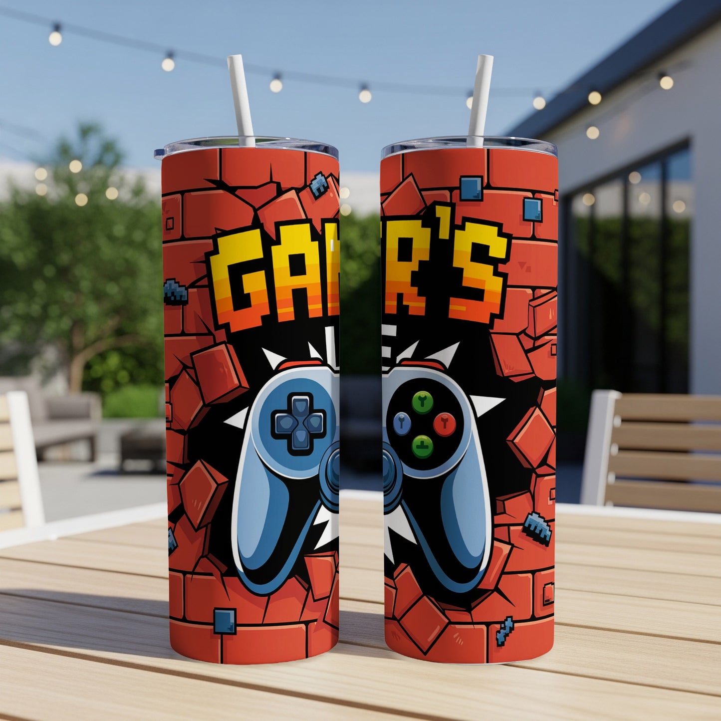 Gamer's controller on brick wall background, digital art.