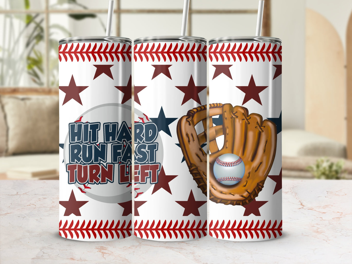 Baseball tumbler with "Hit Hard Run Fast Turn Left" text and stars.