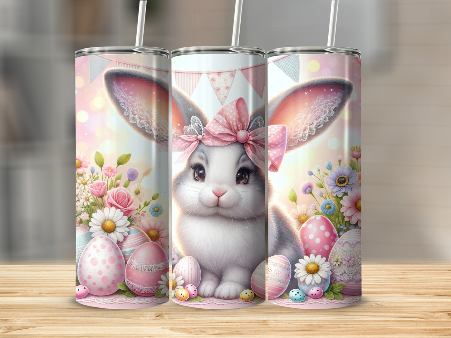 Easter bunny with decorated eggs and flowers on a tumbler.