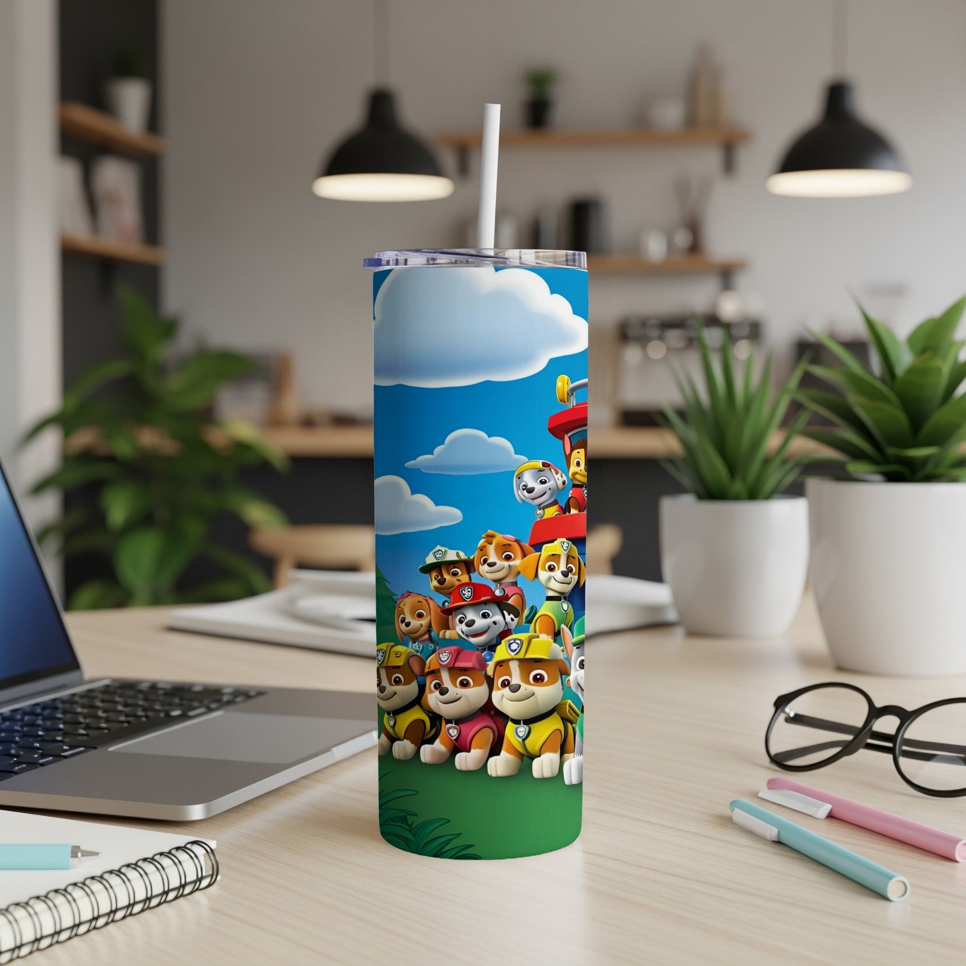 Paw Patrol characters on a blue background, on a white tumbler.