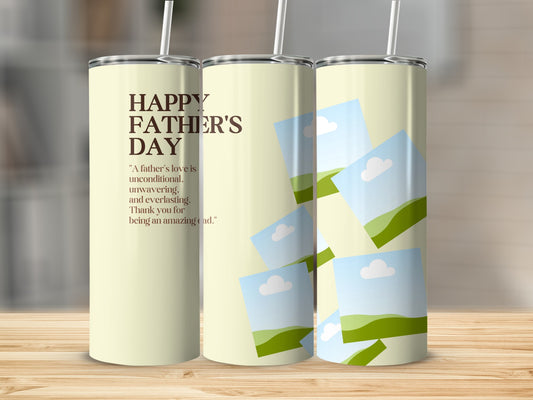 Father's Day tumbler with quote and scattered photo frames of landscapes.
