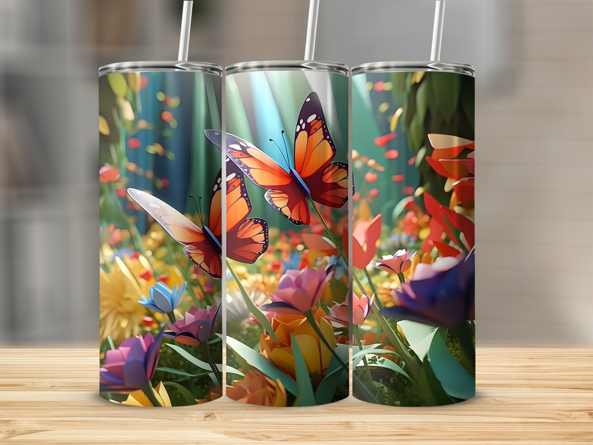 Three tumblers with colorful butterflies and floral designs.