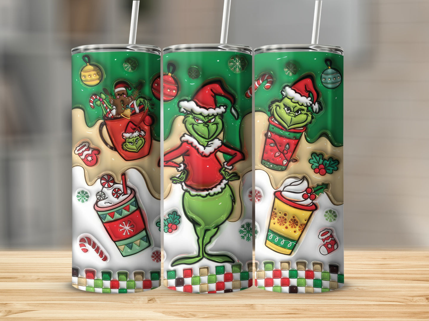 Festive Grinch Holiday Theme Insulated Drinking Tumbler