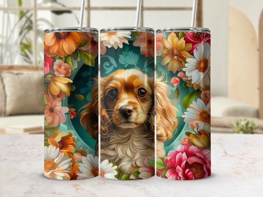 Golden dog with floral pattern on tumbler cups.