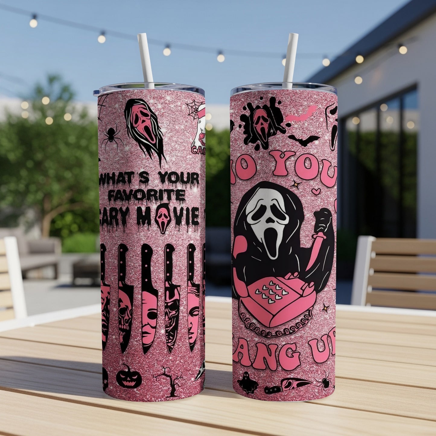 Glittery pink tumblers with Ghostface from Scream and "What's Your Favorite Scary Movie?"