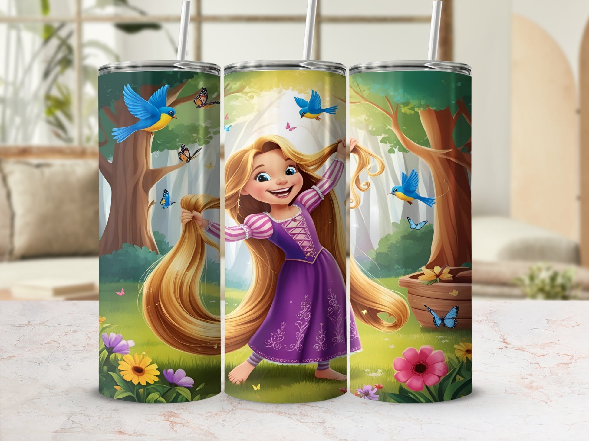 Rapunzel in a purple dress with long blonde hair and butterflies in a forest.