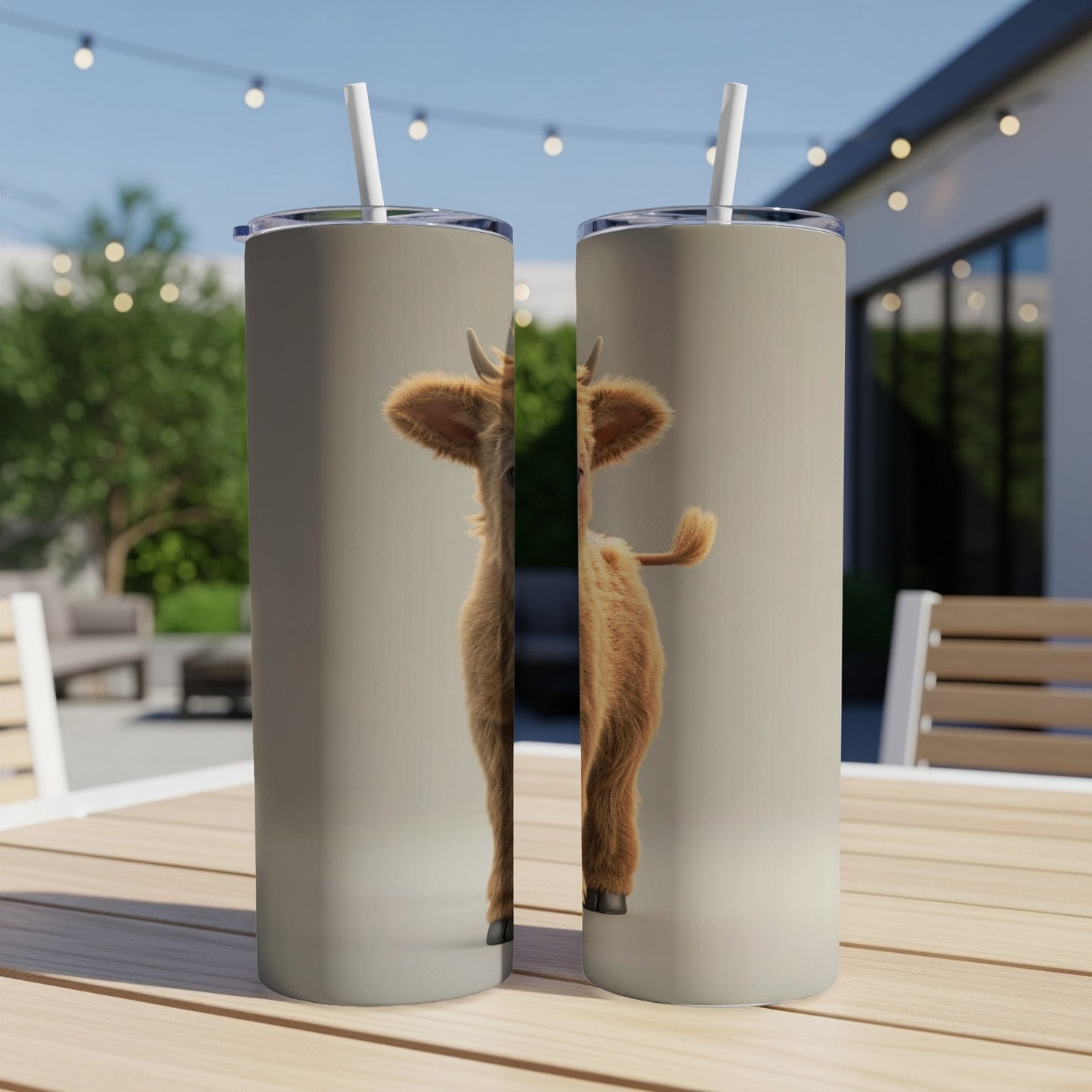 Two tumblers with a Highland cow design on a table.