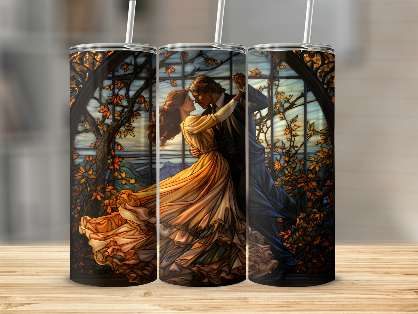 Couple dancing in a stained glass window with autumn leaves.
