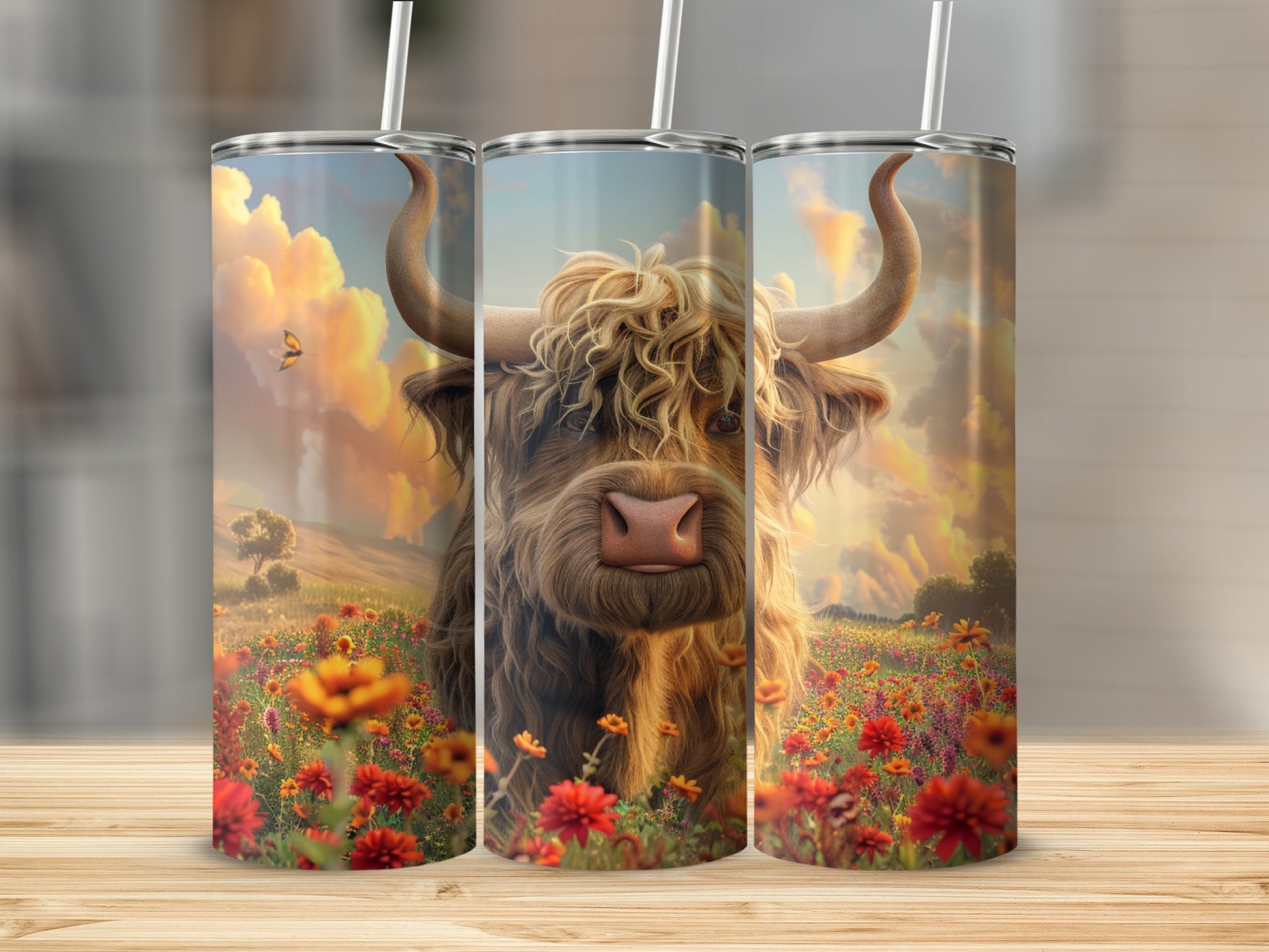 Highland cow in a flower field with a sunset background.