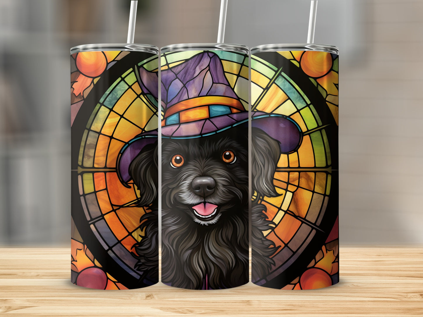 Black dog wearing a wizard hat in stained glass style.