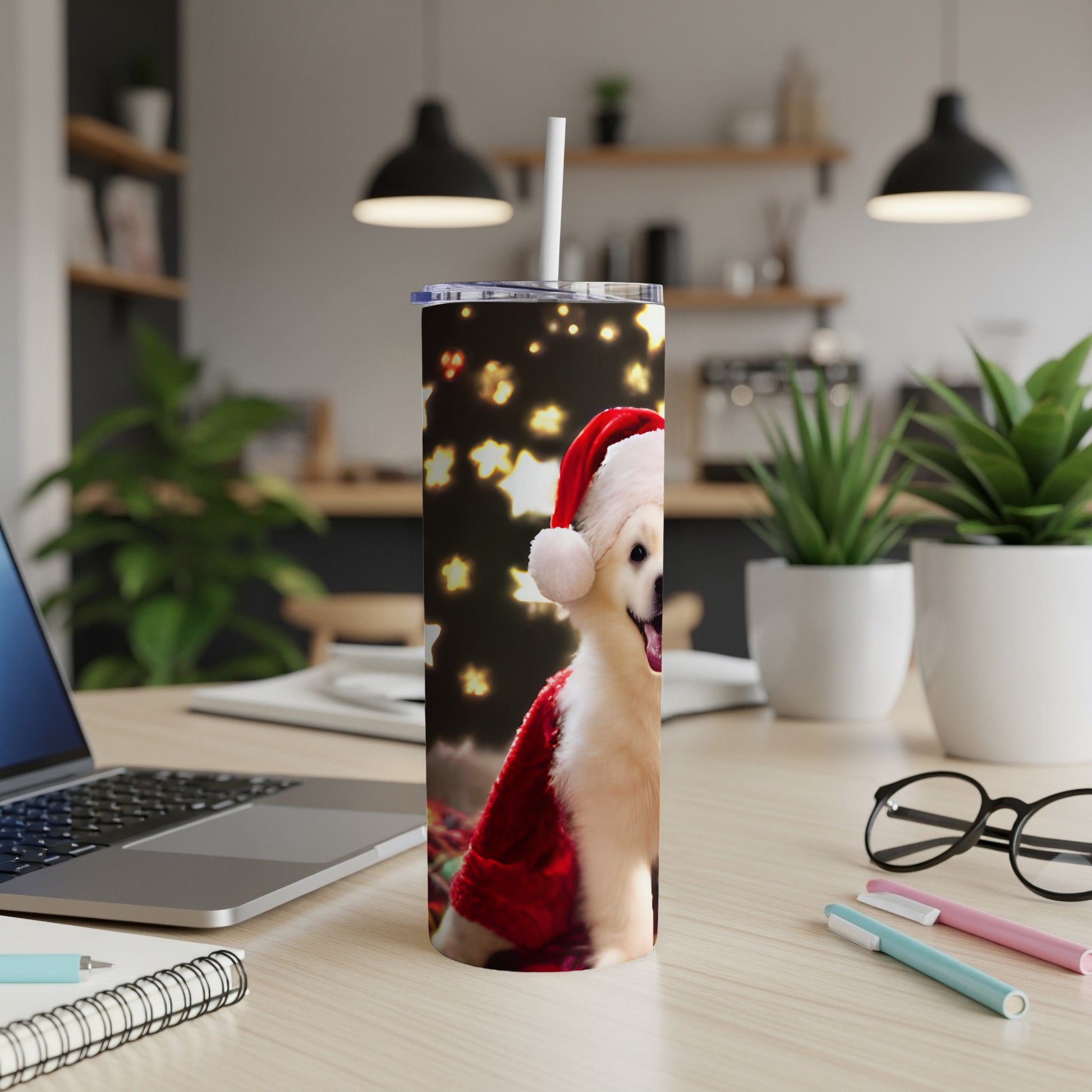 Golden retriever wearing Santa hat and coat on a Santa themed tumbler.