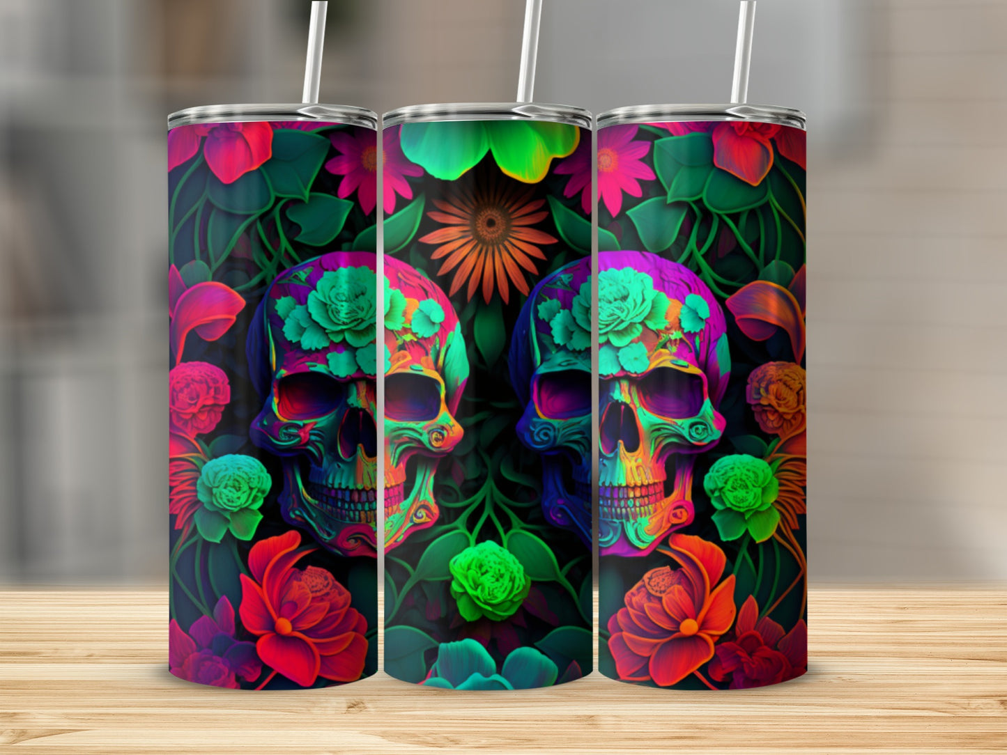 Colorful Floral Skull Design Travel Tumbler