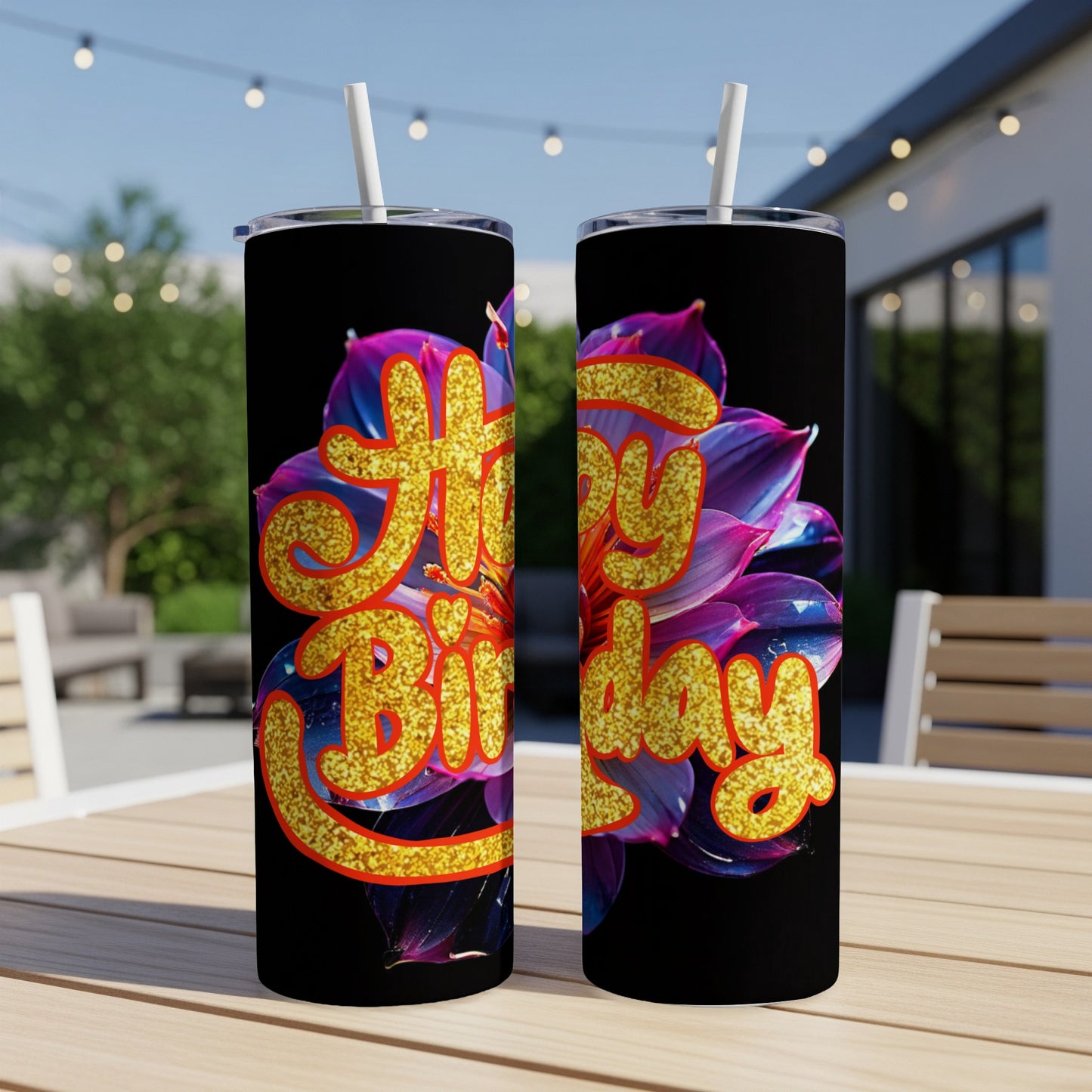 Two tumblers with "Happy Birthday" text superimposed over a vibrant flower.