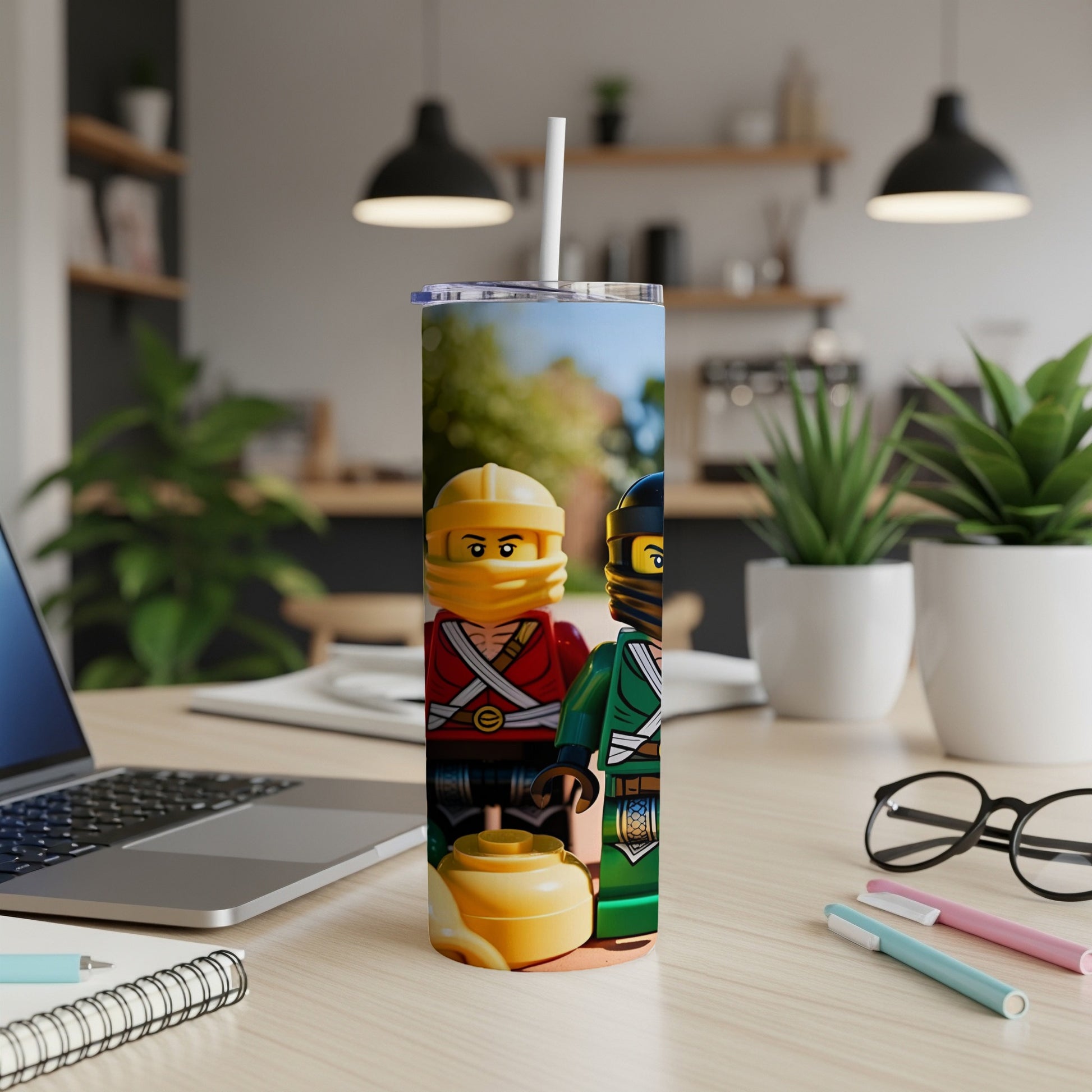 Lego Ninjago characters Kai and Cole holding a tea kettle on a tumbler.