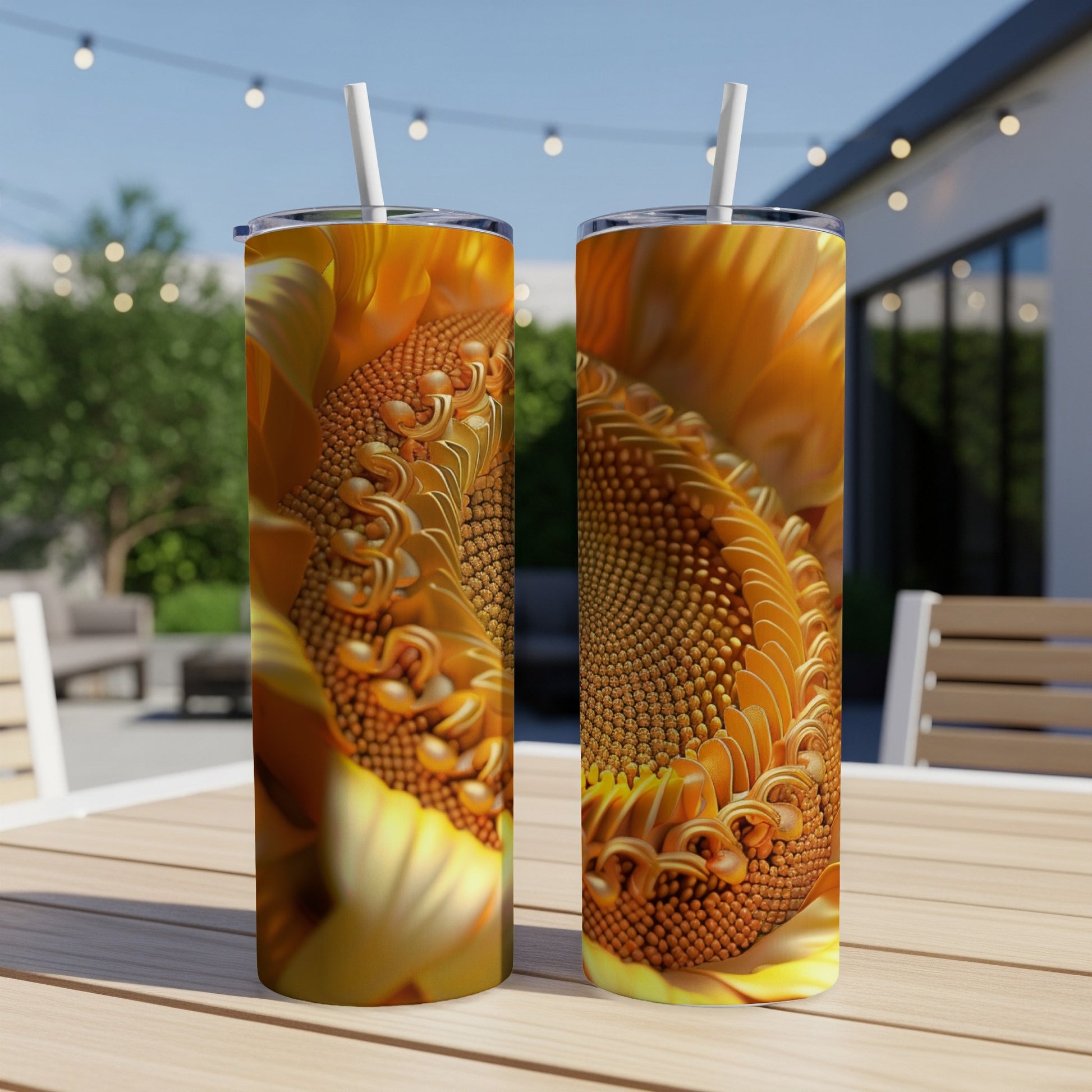 Two tall tumblers with a close-up sunflower pattern sit on a wooden table outdoors.