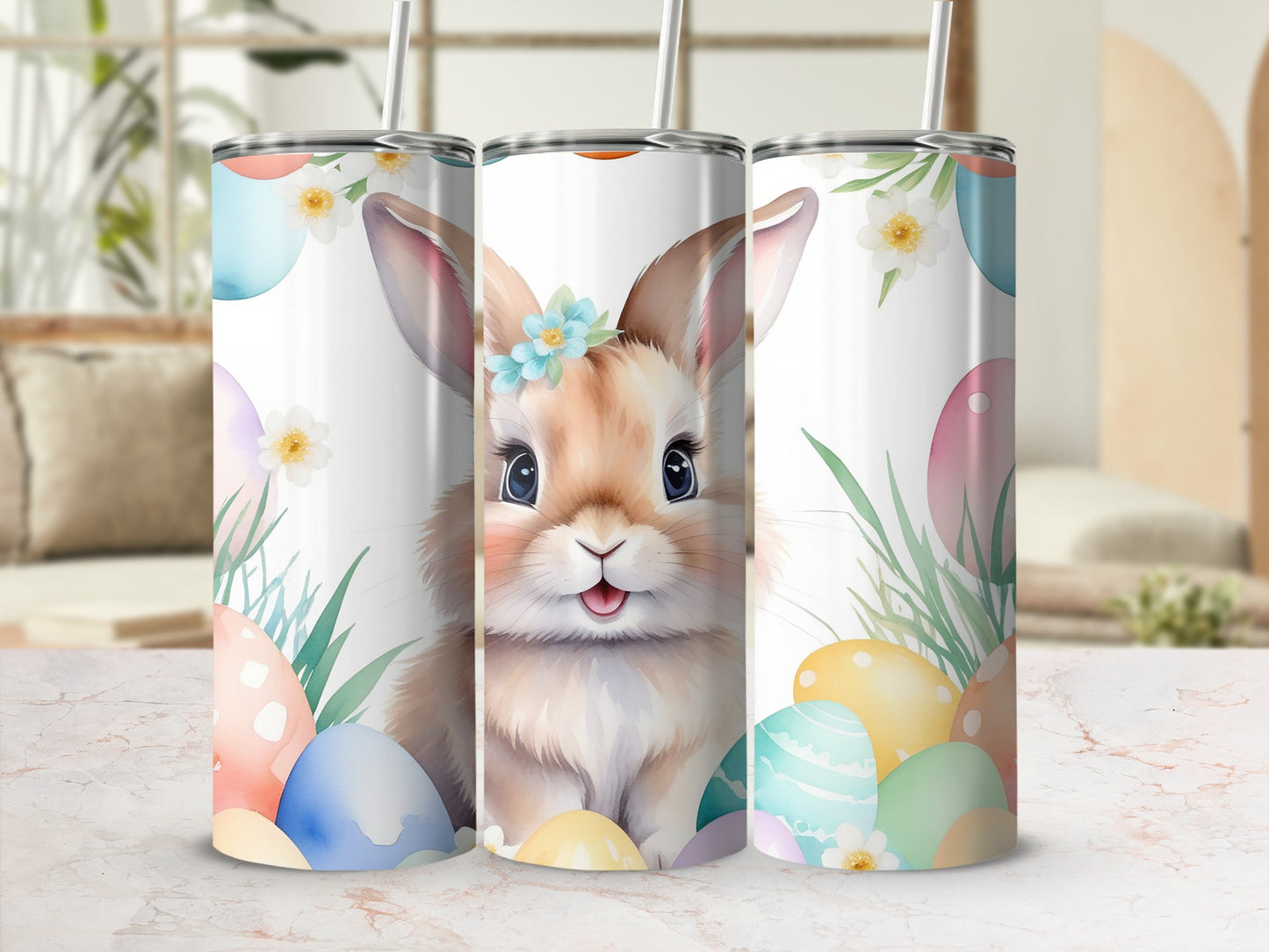 Easter bunny with pastel eggs and flowers on a tumbler.