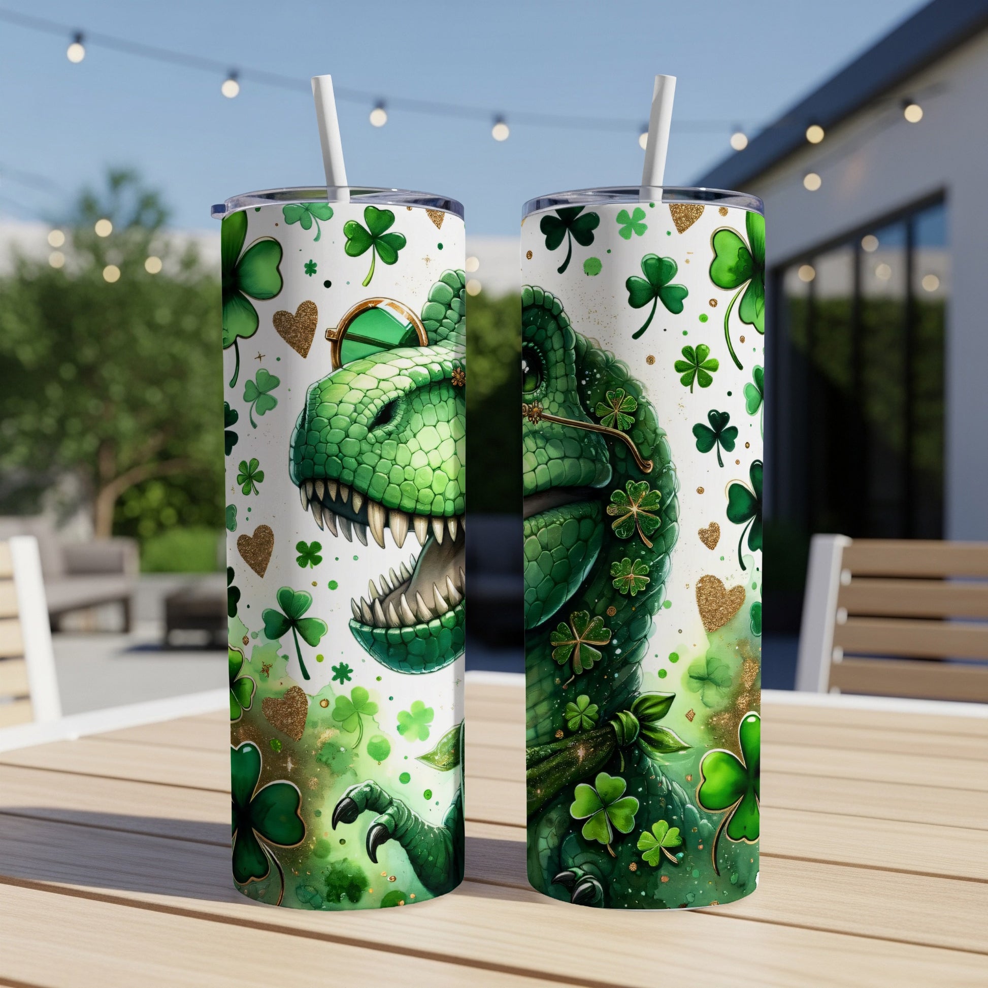 Green dinosaur wearing glasses surrounded by shamrocks and gold hearts.