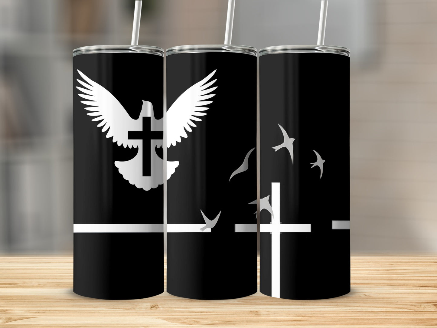 Elegant Black Tumbler Spiritual Dove and Cross Design
