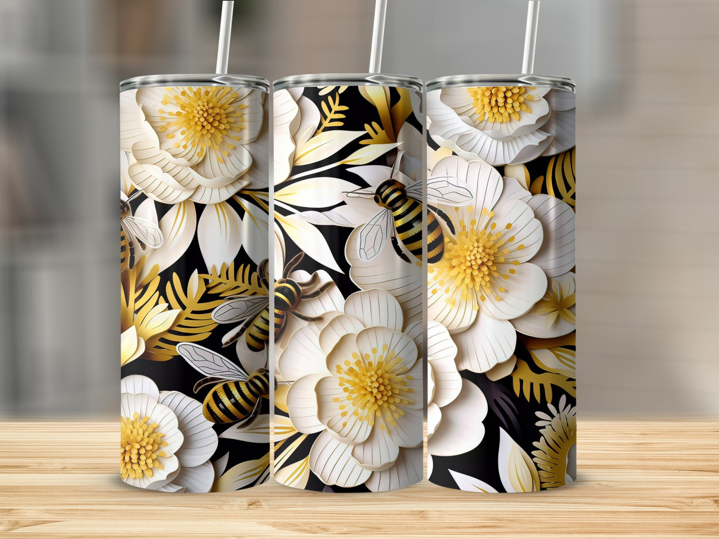 Elegant Floral and Bee Design Tumbler Cup