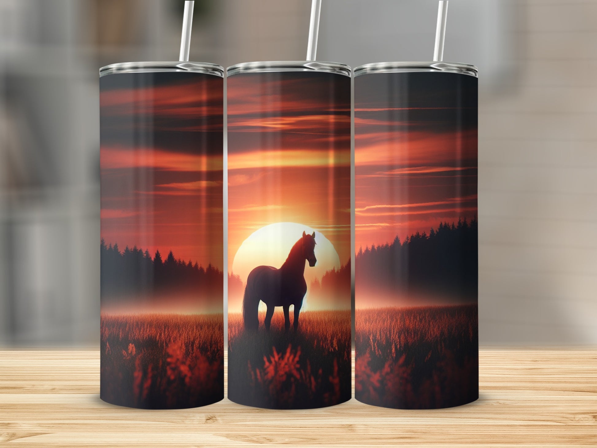 Three tumblers featuring a horse silhouetted against a sunset.