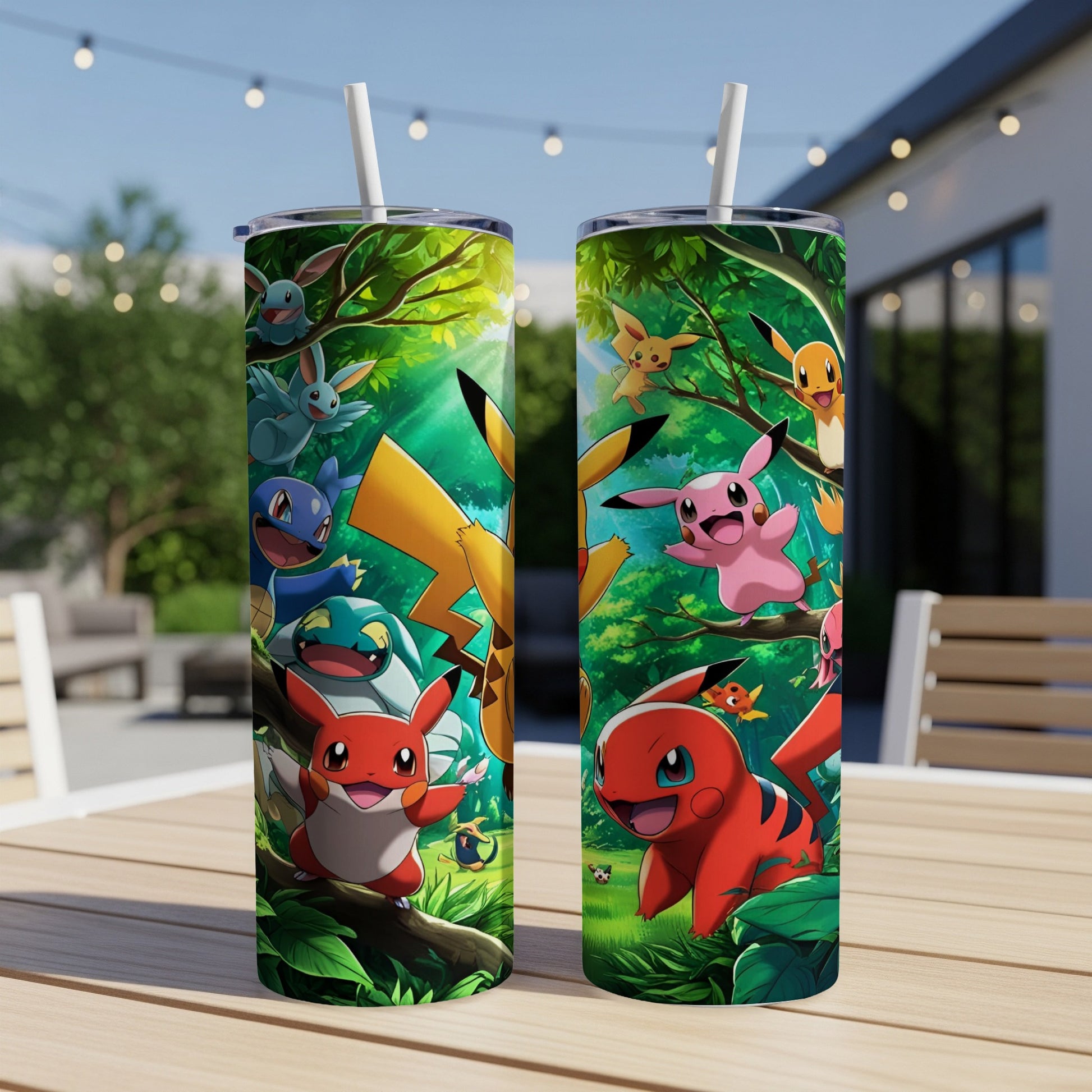 Two Pokémon tumblers with Pikachu, Charmander, and Squirtle in a forest.