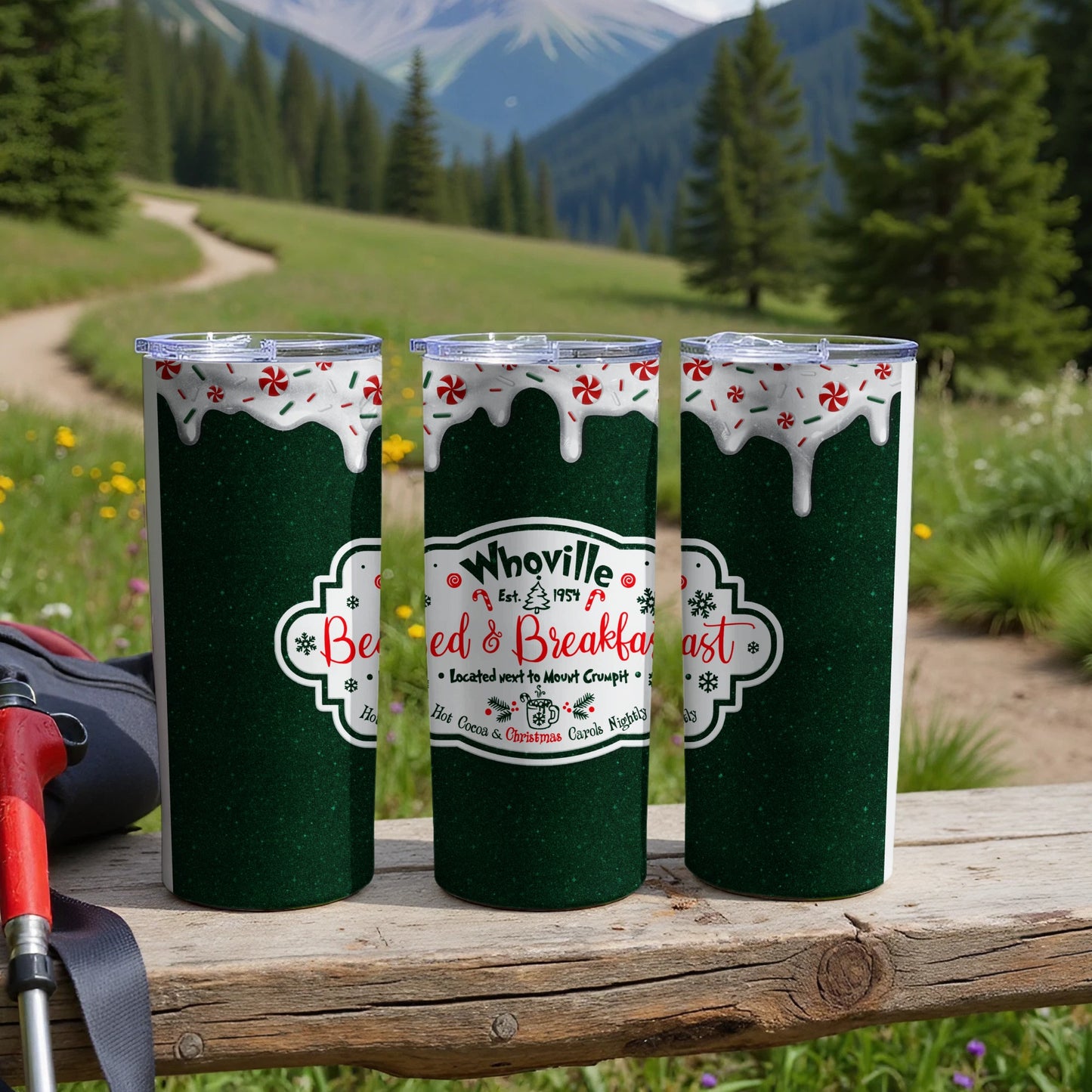 Whoville themed tumblers with "Beed & Breakfast" text.