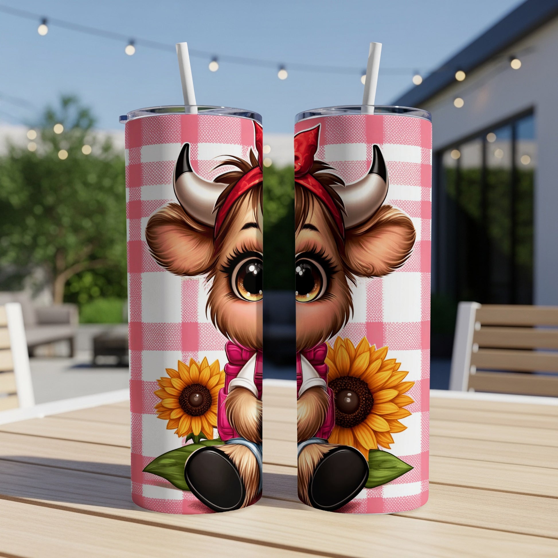Cartoon cow with sunflowers on a checkered background tumbler.