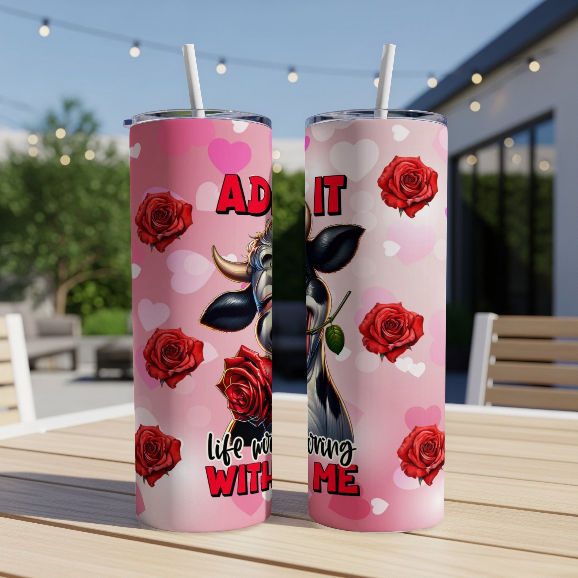 Cow on tumbler with roses and text "ADULT LIFE IS GROWING WITH ME".