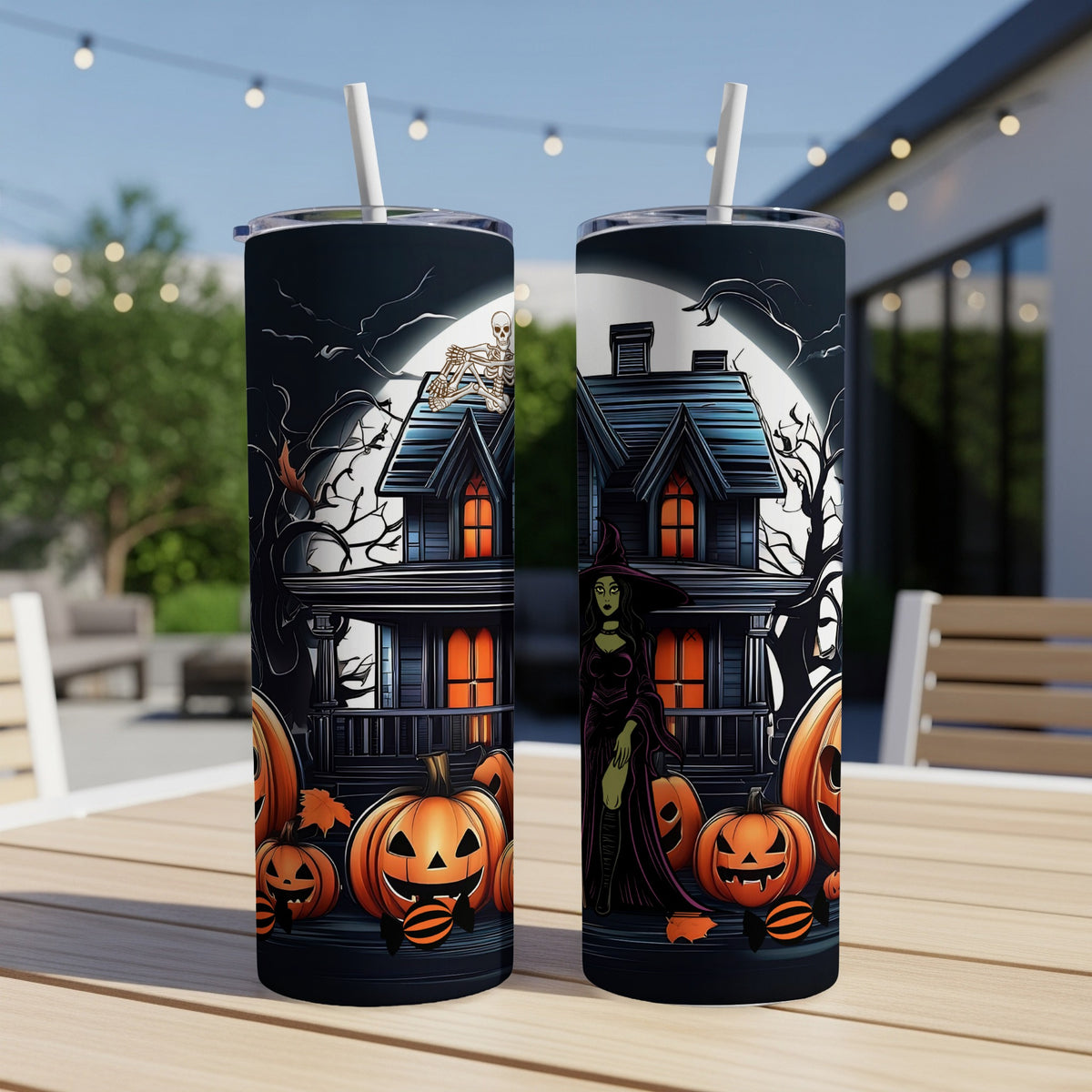 Halloween tumblers featuring a haunted house, witch, skeleton, and pumpkins.