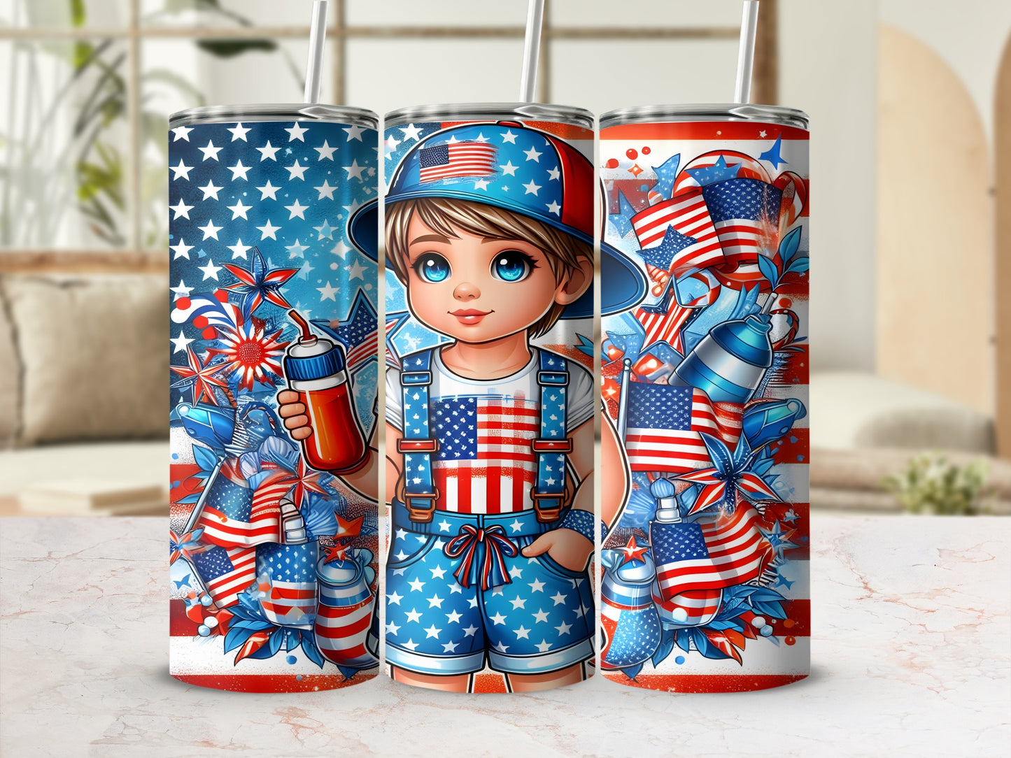 Tumbler with patriotic child illustration and American flags.