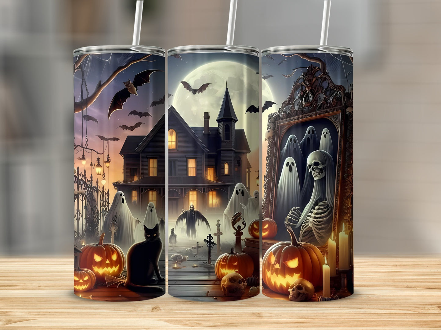 Halloween Haunted House Ghosts Skeletons Print Tumbler