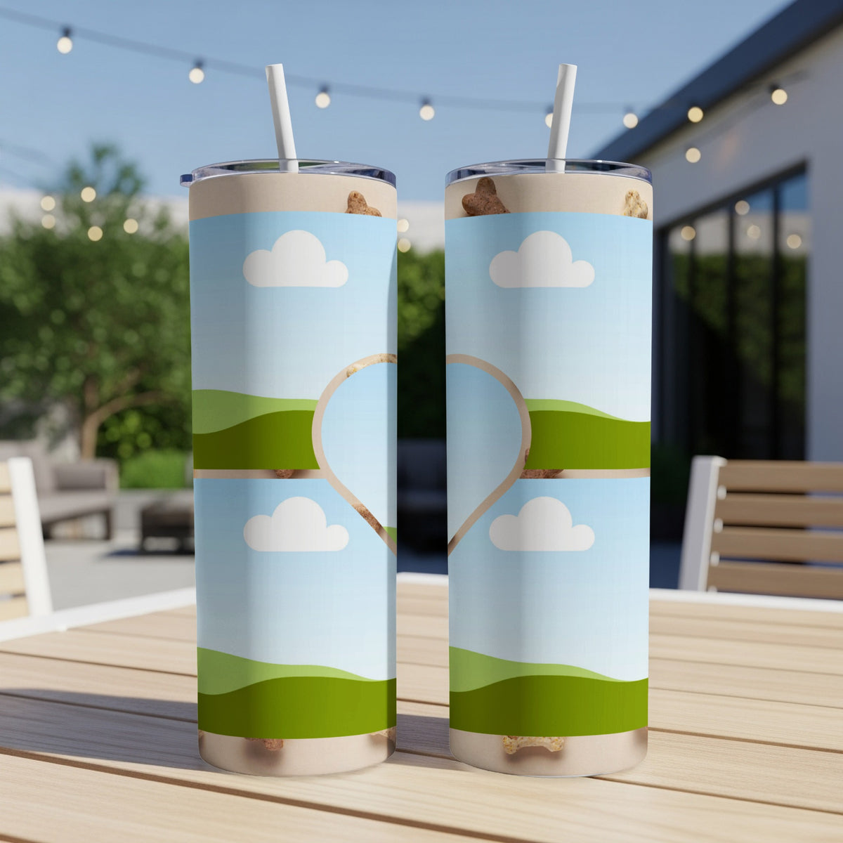Two tumblers with a pastel sky, clouds, green hills, and a heart shape.