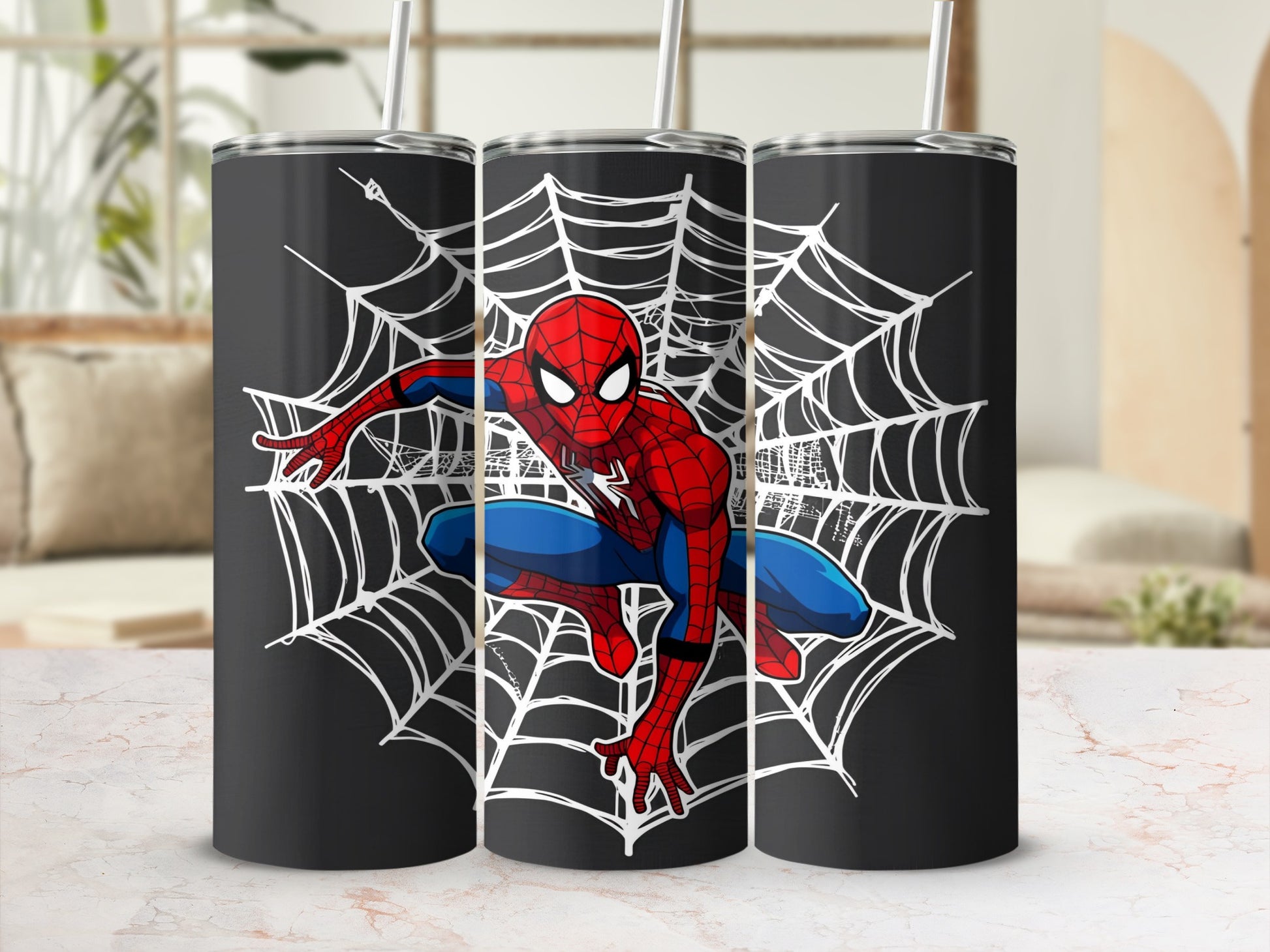Spider-Man in web sling pose on black tumblers with spiderweb design.