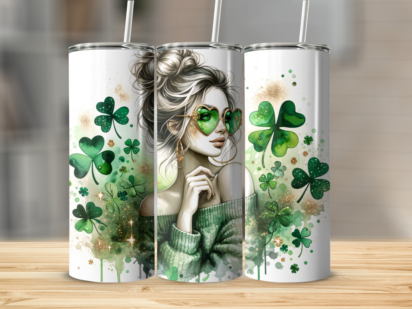Woman with heart-shaped sunglasses and shamrocks on St. Patrick's Day tumbler.