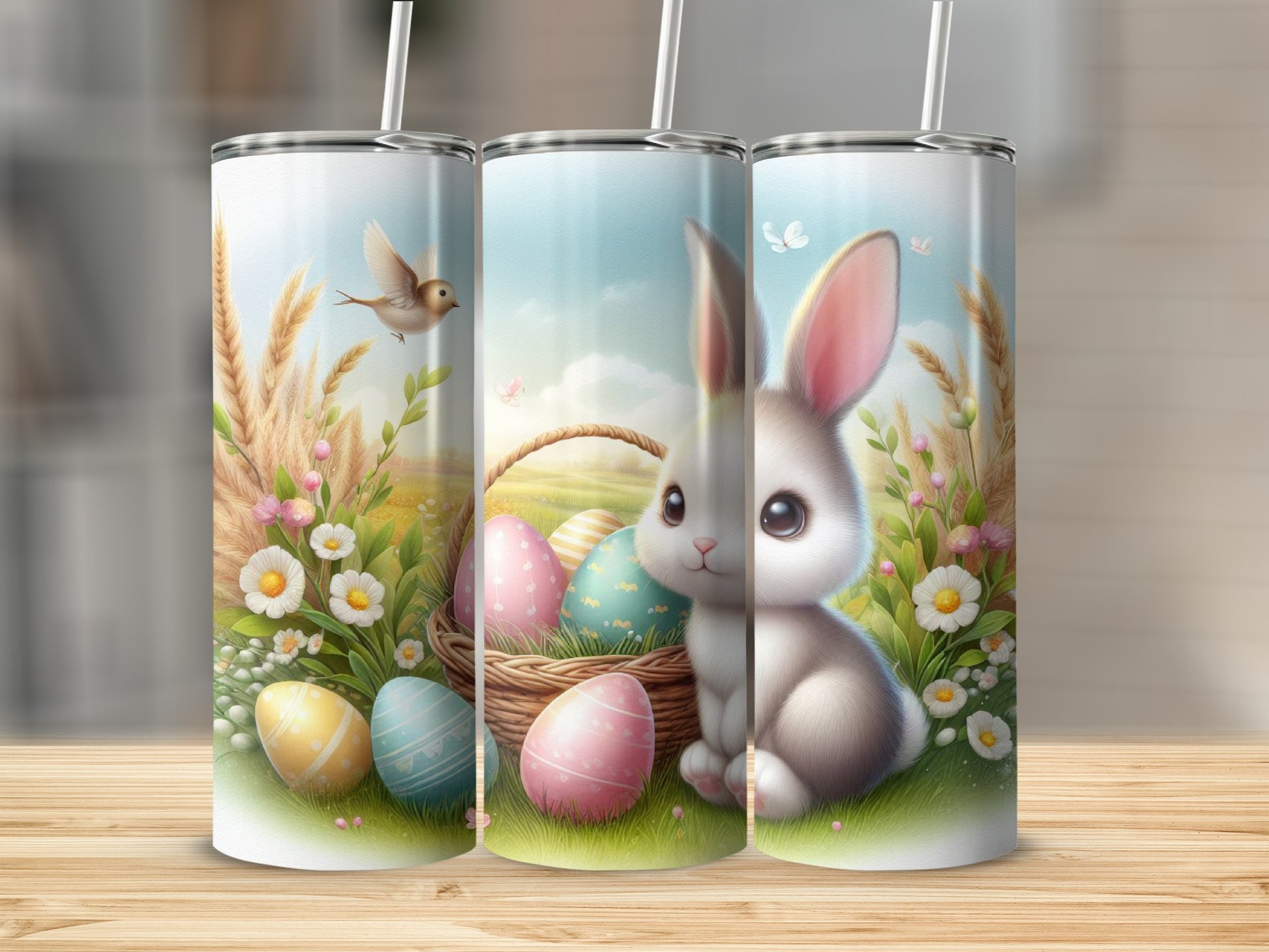 Easter bunny with colorful eggs in a basket, surrounded by wheat and flowers.