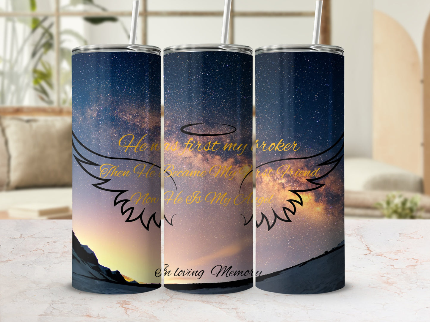 Tumbler with wings and memorial text "In Loving Memory".