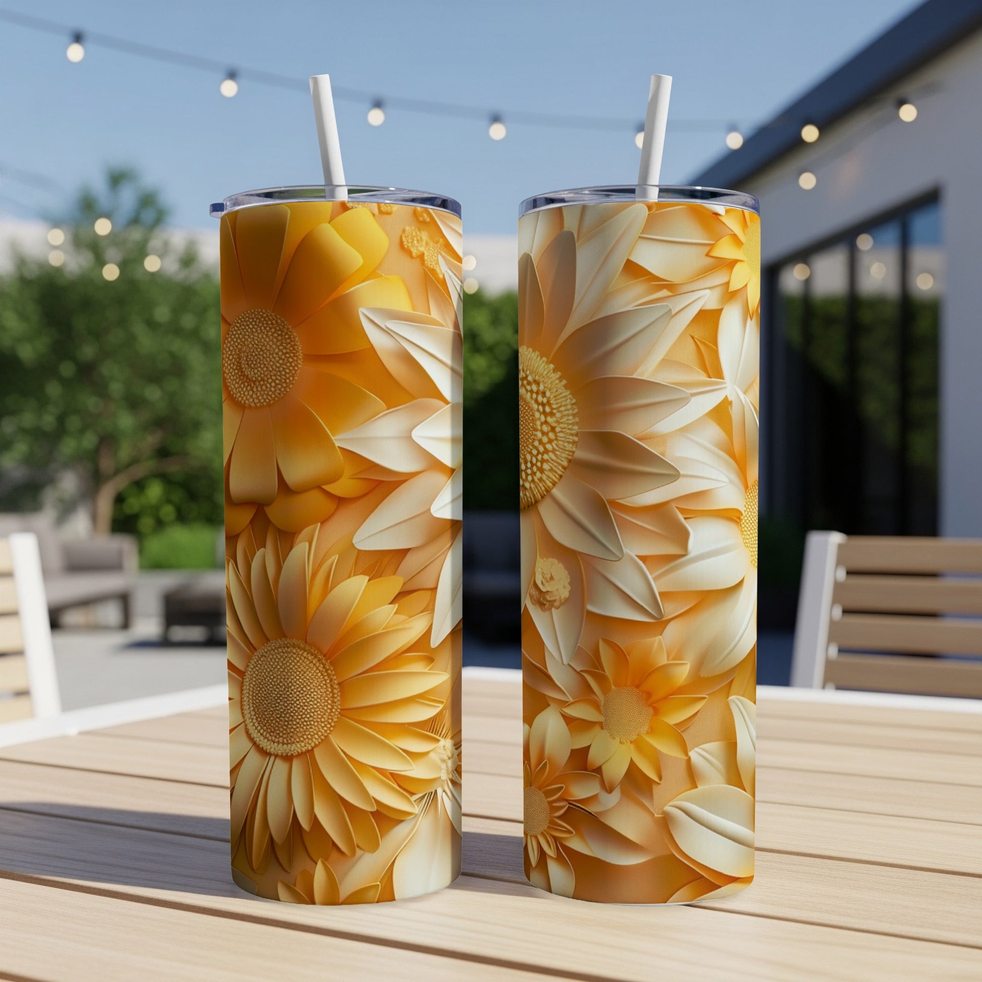 Two tall, narrow tumblers with a bright yellow and orange floral pattern.