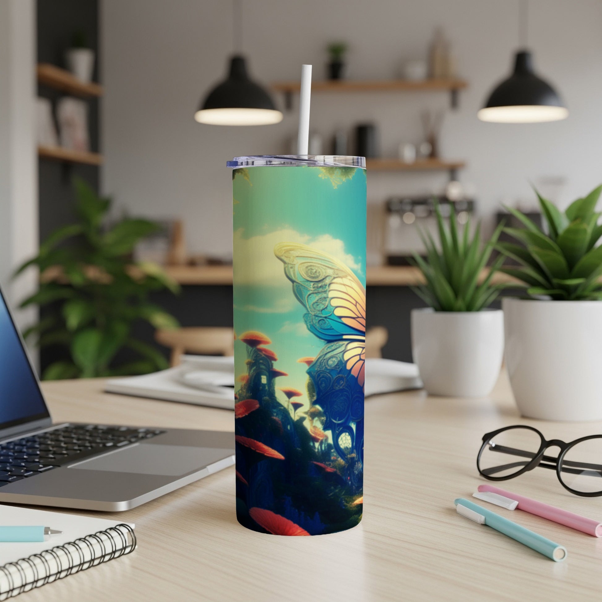 Butterfly, mushrooms, and fantasy scene on a white skinny tumbler.
