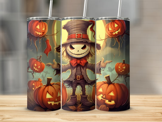 Three tumblers display a spooky scarecrow and jack-o'-lanterns against a Halloween-themed background.