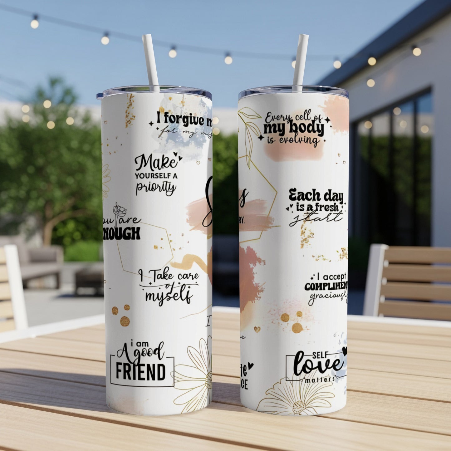 Two tumblers with inspirational quotes like "I forgive myself" and "My body is evolving."