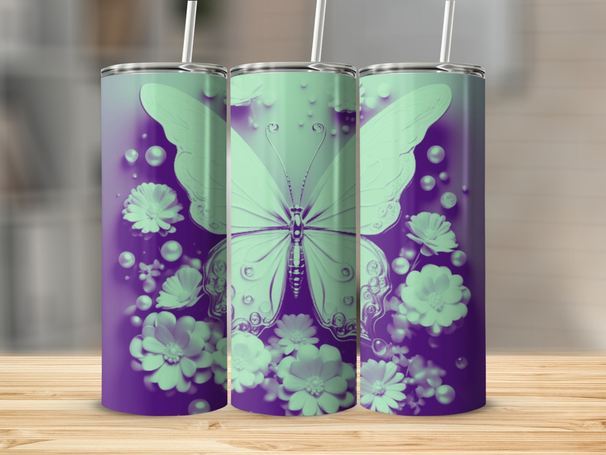 Mint green butterfly and flowers on purple gradient tumbler.