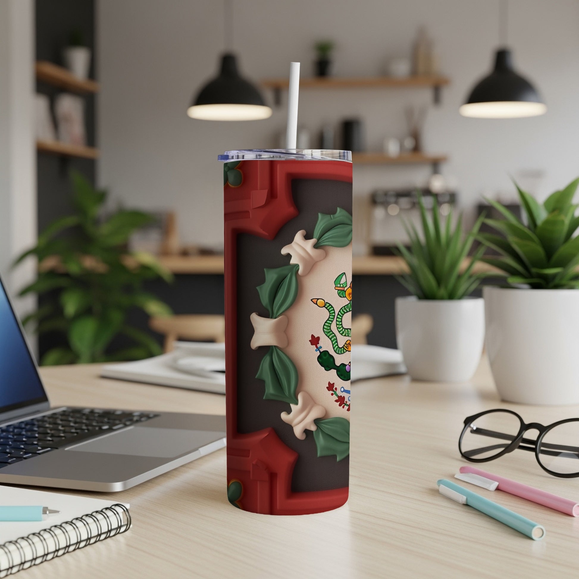 Red and green Christmas-themed tumbler with a coiled snake design.