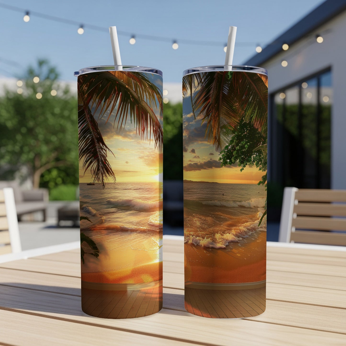 Two tumblers display a sunset beach scene with palm trees and waves.