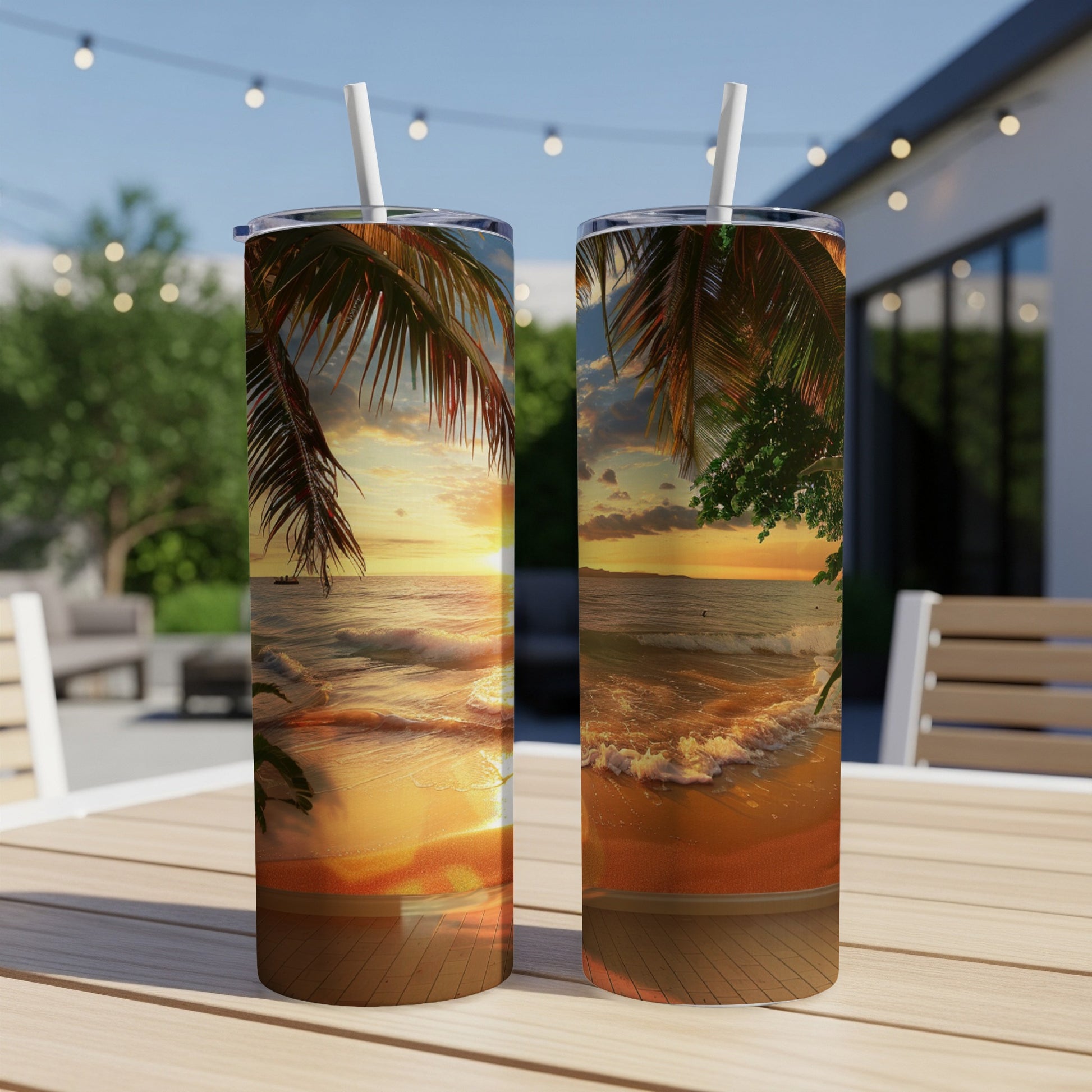 Two tumblers display a sunset beach scene with palm trees and waves.