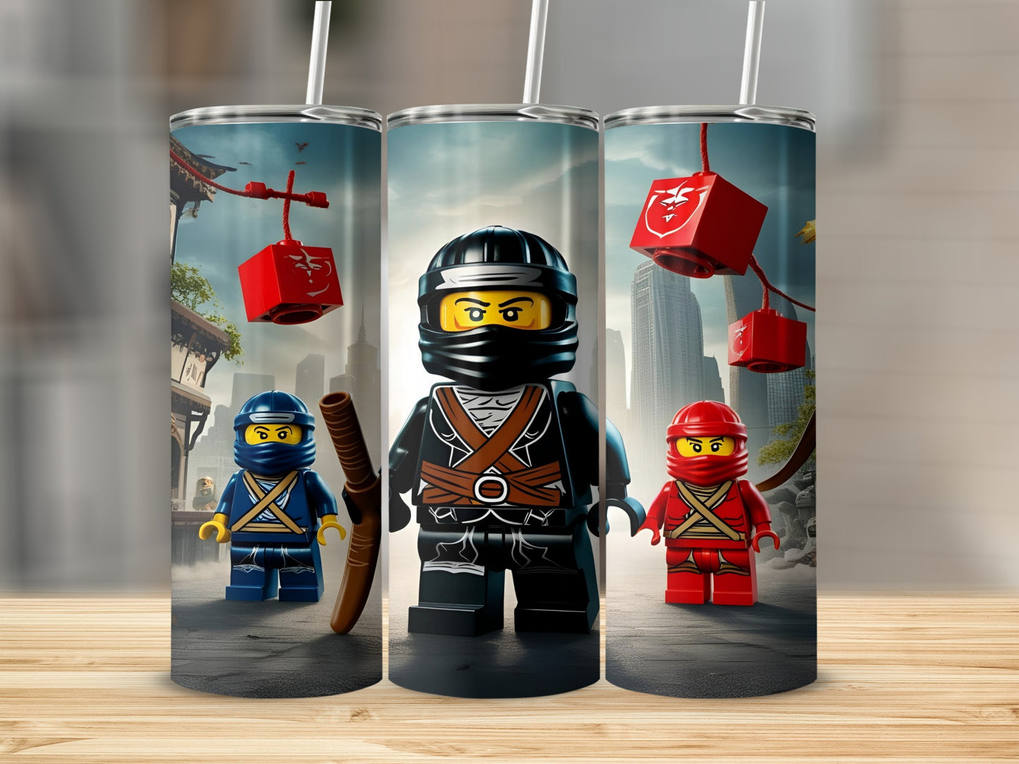 Three Lego Ninjago characters in a row, two with red masks.